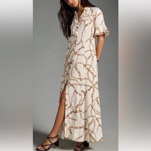 Anthropologie Maeve Short Sleeve  Gold Chain Print Dress Size XS